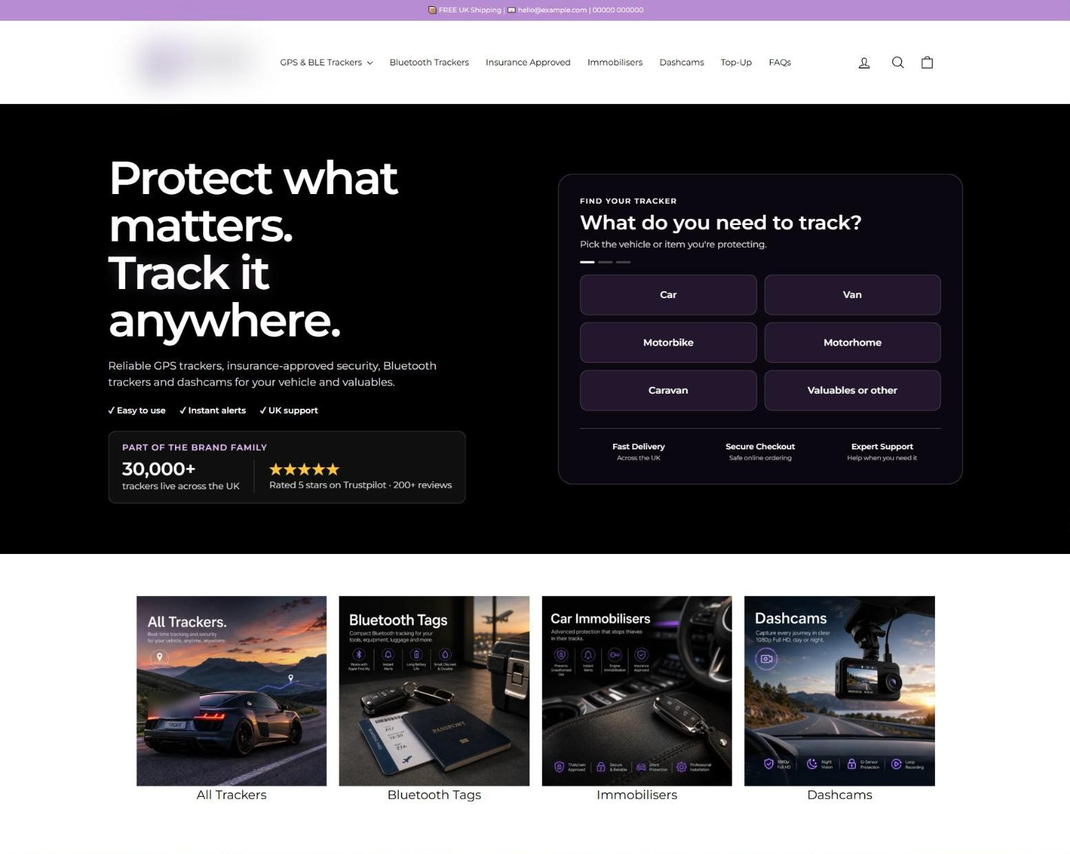 GPS Tracker Store for a UK Client – homepage design
