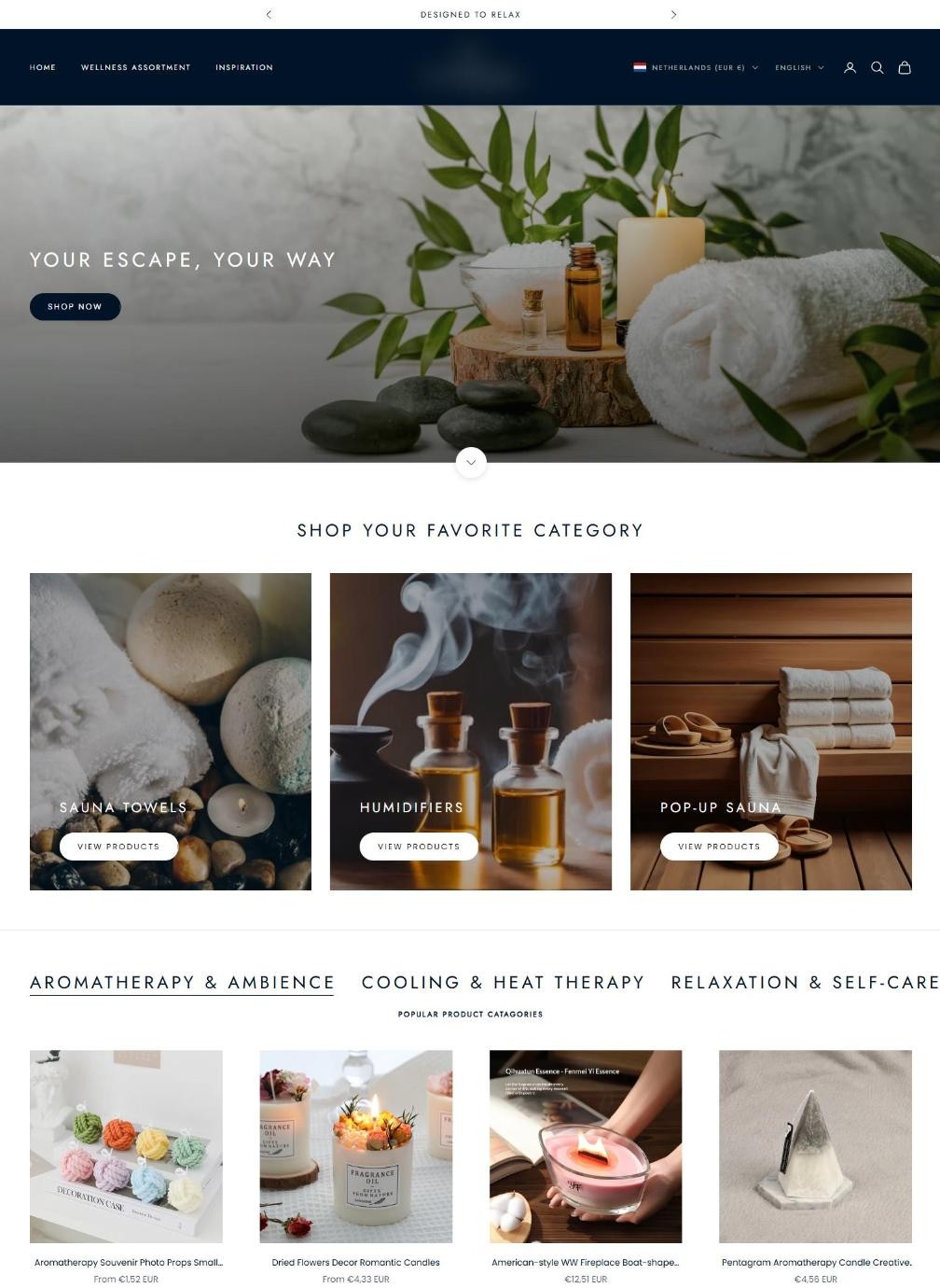 Spa & Wellness Store for a European Client – homepage design