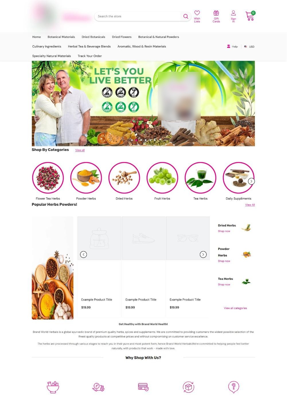 Herbal & Botanicals Store – homepage design