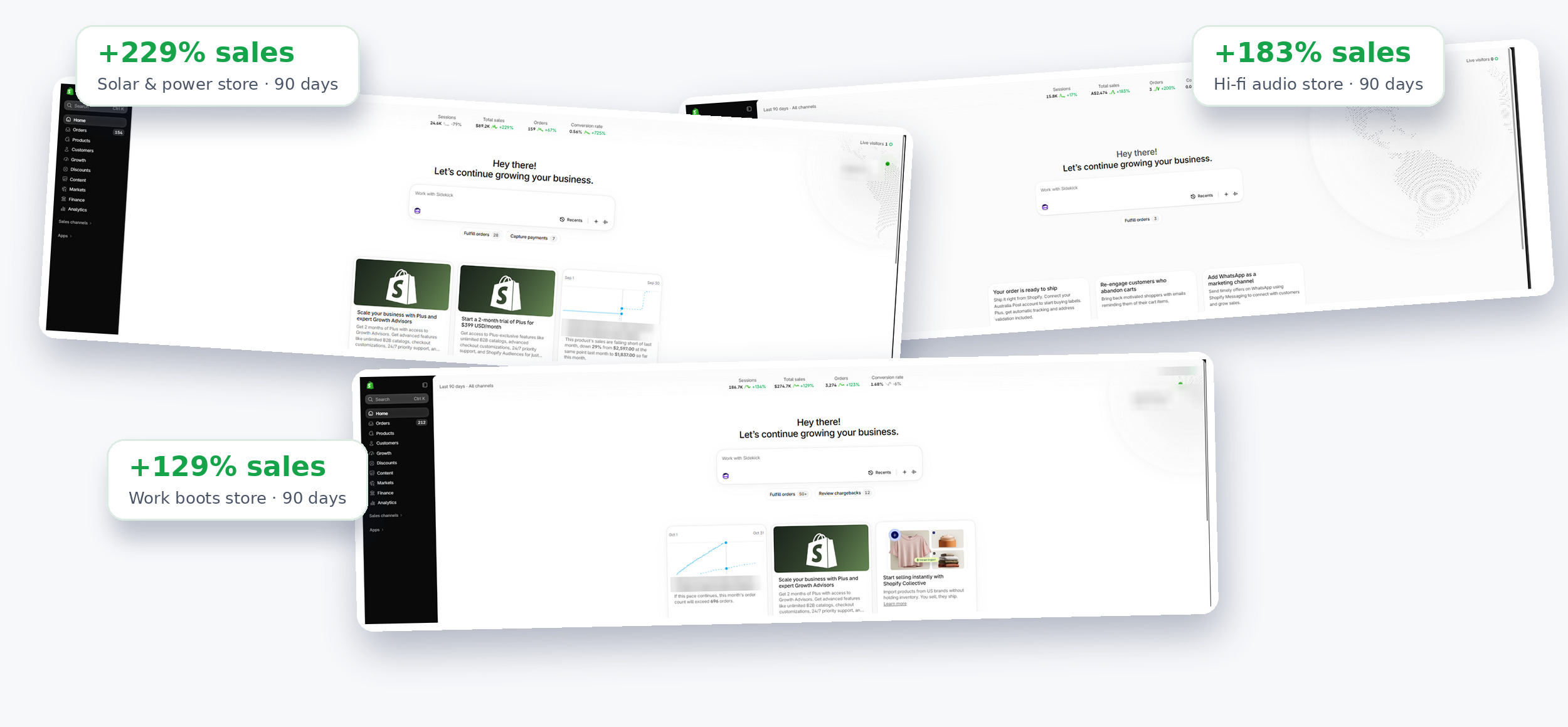 Real Shopify dashboard screenshots from client stores, store names and locations blurred for privacy
